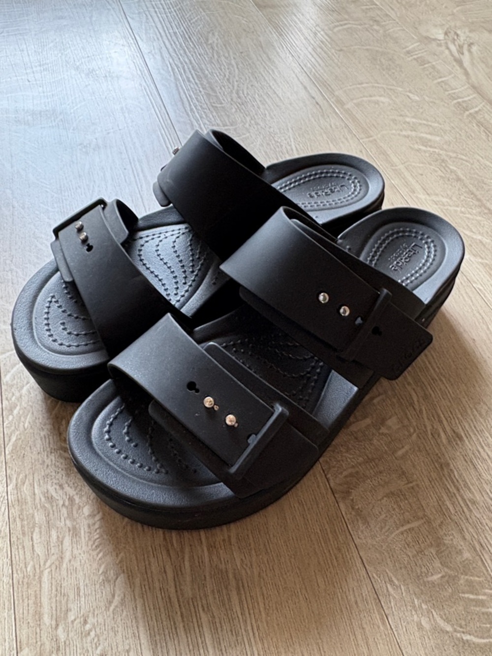 CROCS Black Platform Slide Sandals with Buckle Straps